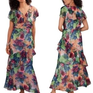 Soft Surroundings Maxi Dress Large V-Neck Ruffle Floral Boho Wedding Resort